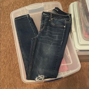 Maurices Dark Blue Skinny Jeans with Distressed Detail
